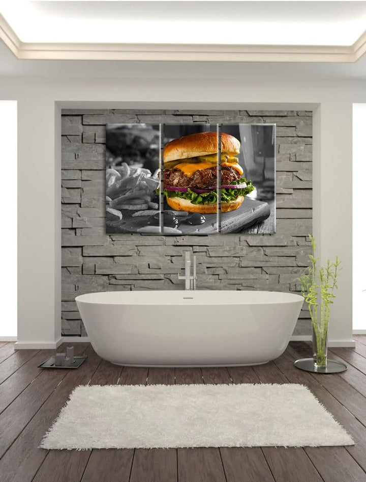 Pixxprint Saftiger Chili Cheese Burger Schwarz/Weiss 3-Teiler Leinwandbild 120x80 Bild auf Leinwand