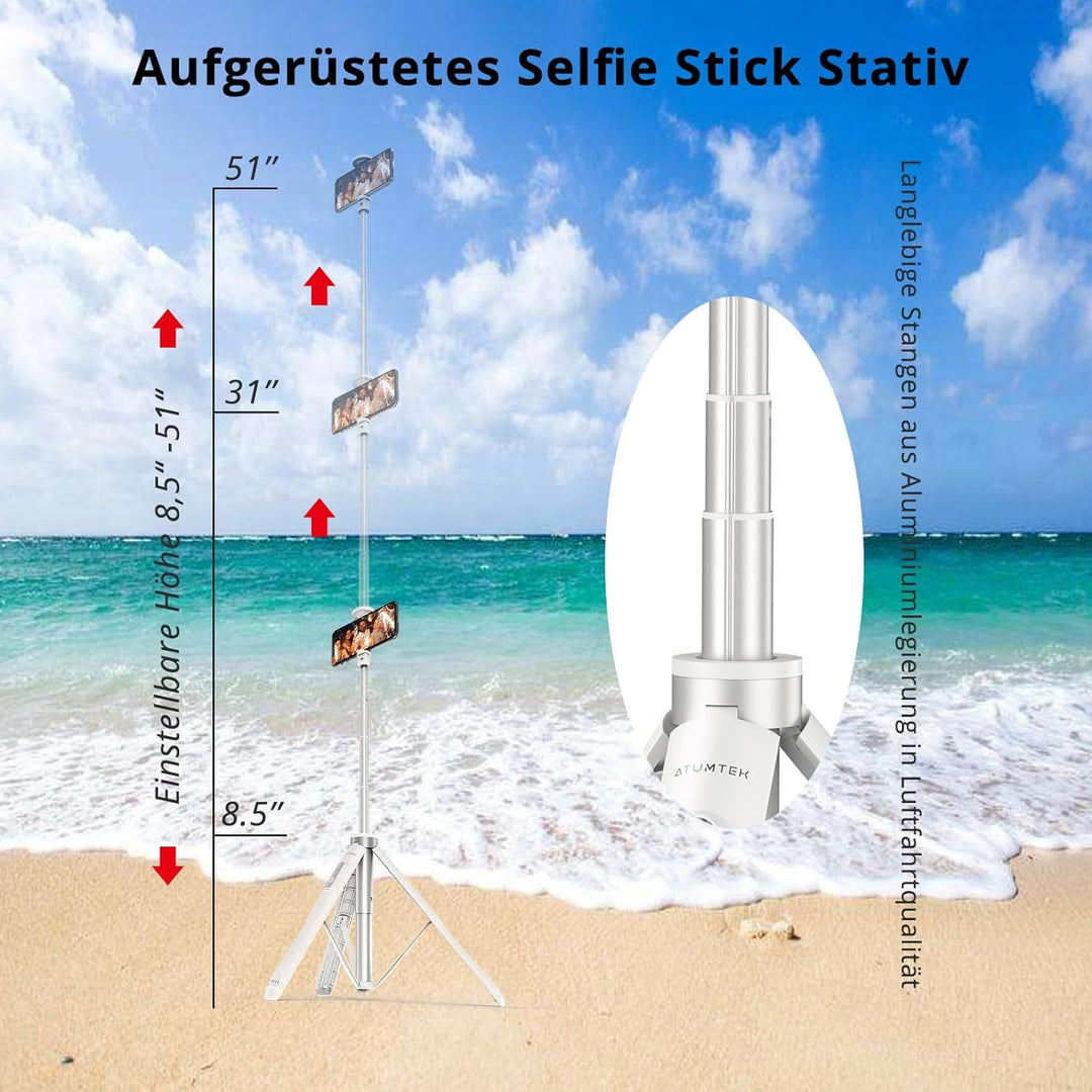 ATUMTEK Selfie-Stick mit 51 Zoll (51 Zoll), Selfie-Stick mit widerstandsfähigem Aluminium und rutsch