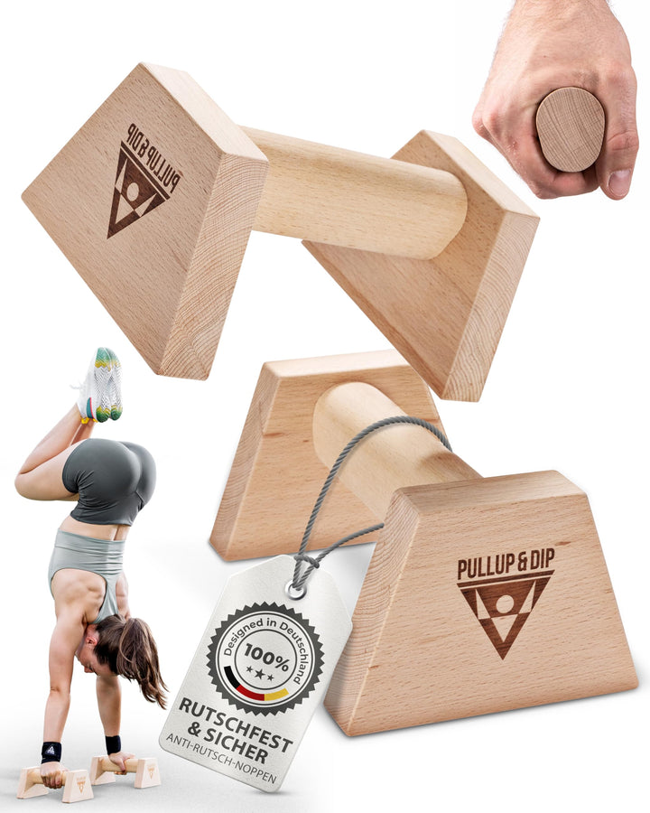 PULLUP & DIP Liegestützgriffe Handstandgriffe mit rundem Holz Griff und hochbelastbarem Stahl - ruts