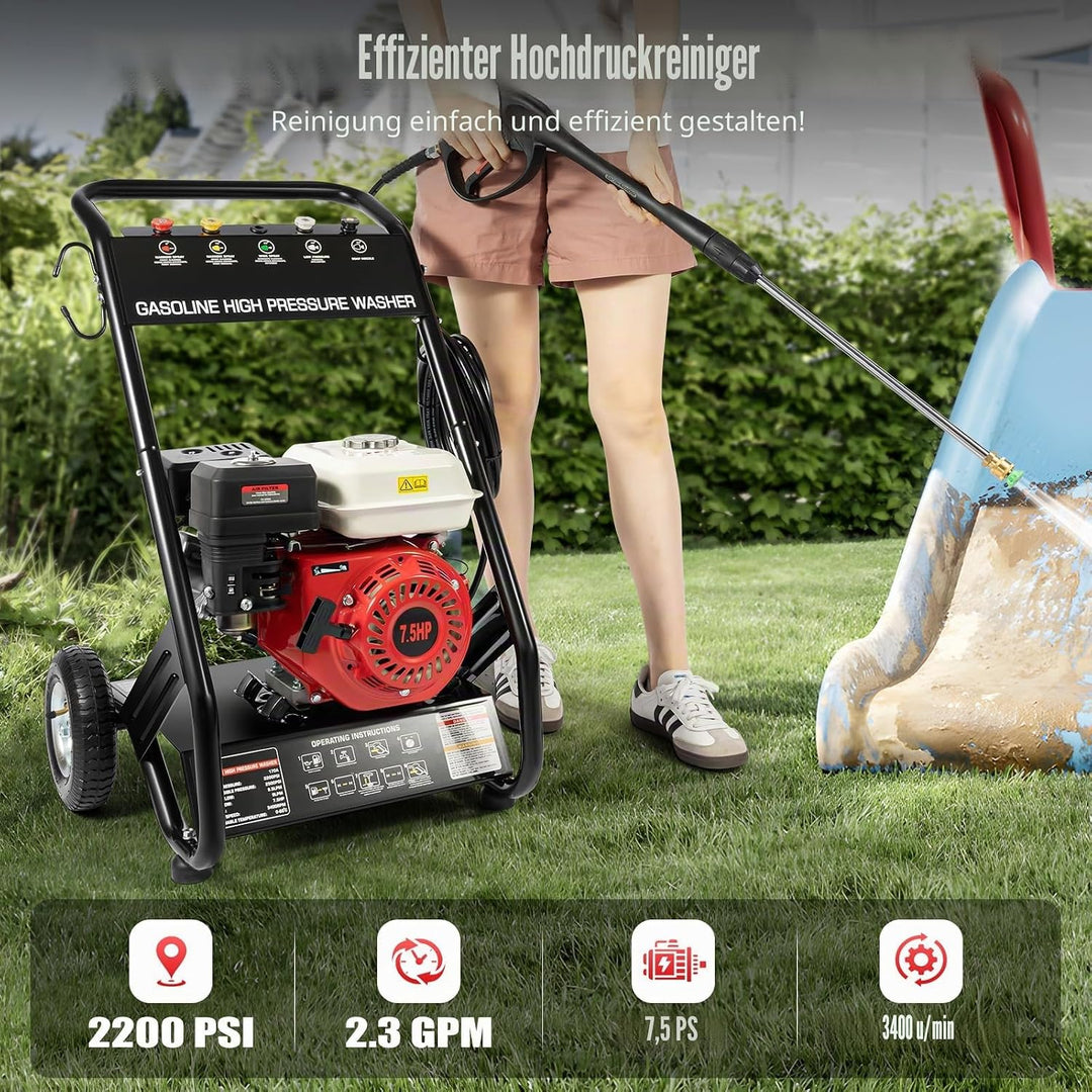 4-Takt Benzin 7,5PS Profi Hochdruckreiniger mit 5 Düsen und Schlauch, 170-190 Bar Benzinmotor Fläche