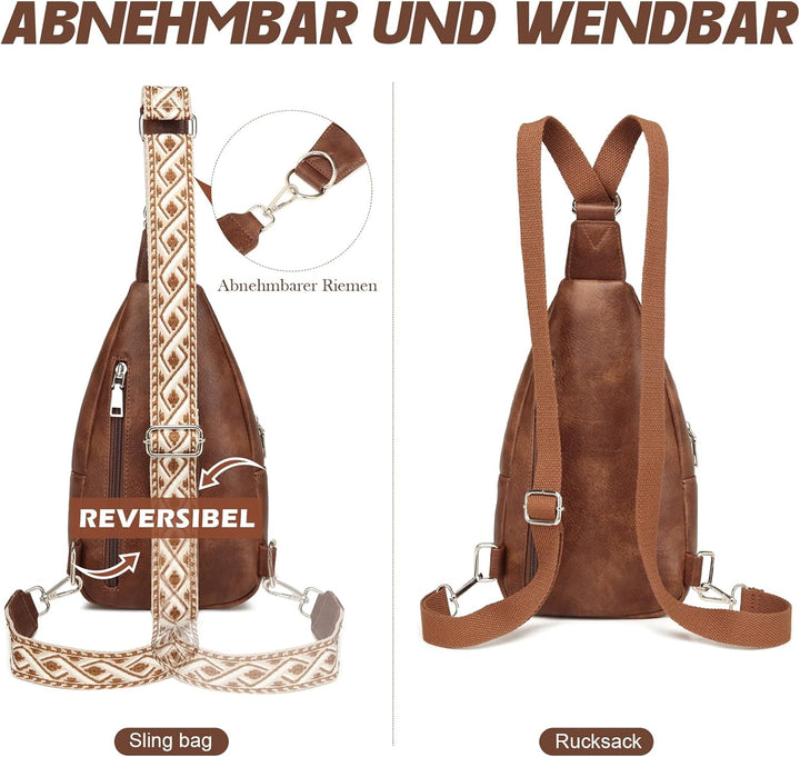 Travistar Sling Bag Brusttasche Damen Herren 2 in 1 Rucksack Damen Klein mit 2 Abnehmbare Schultergu