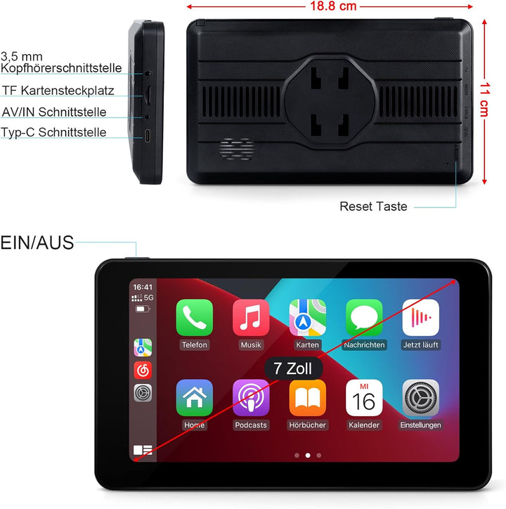 Tragbare CarPlay Display, Wireless Android Auto Monitor, 7 Zoll IPS Bildschirm mit Bluetooth-Freispr