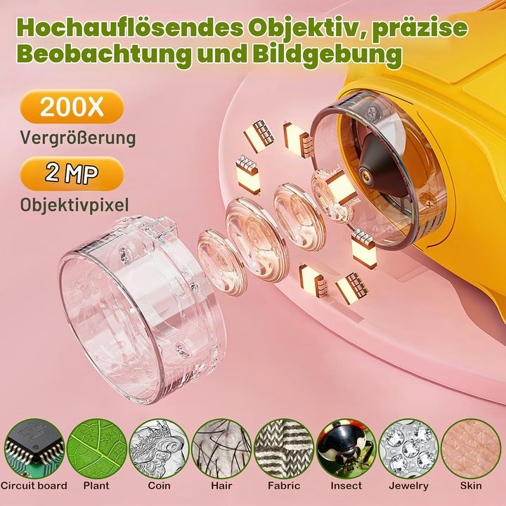 Digitales Mikroskop für Kinder,Hand Mikroskop Digital mit 2.4 Zoll Bildschirm 200x Taschenmikroskop,
