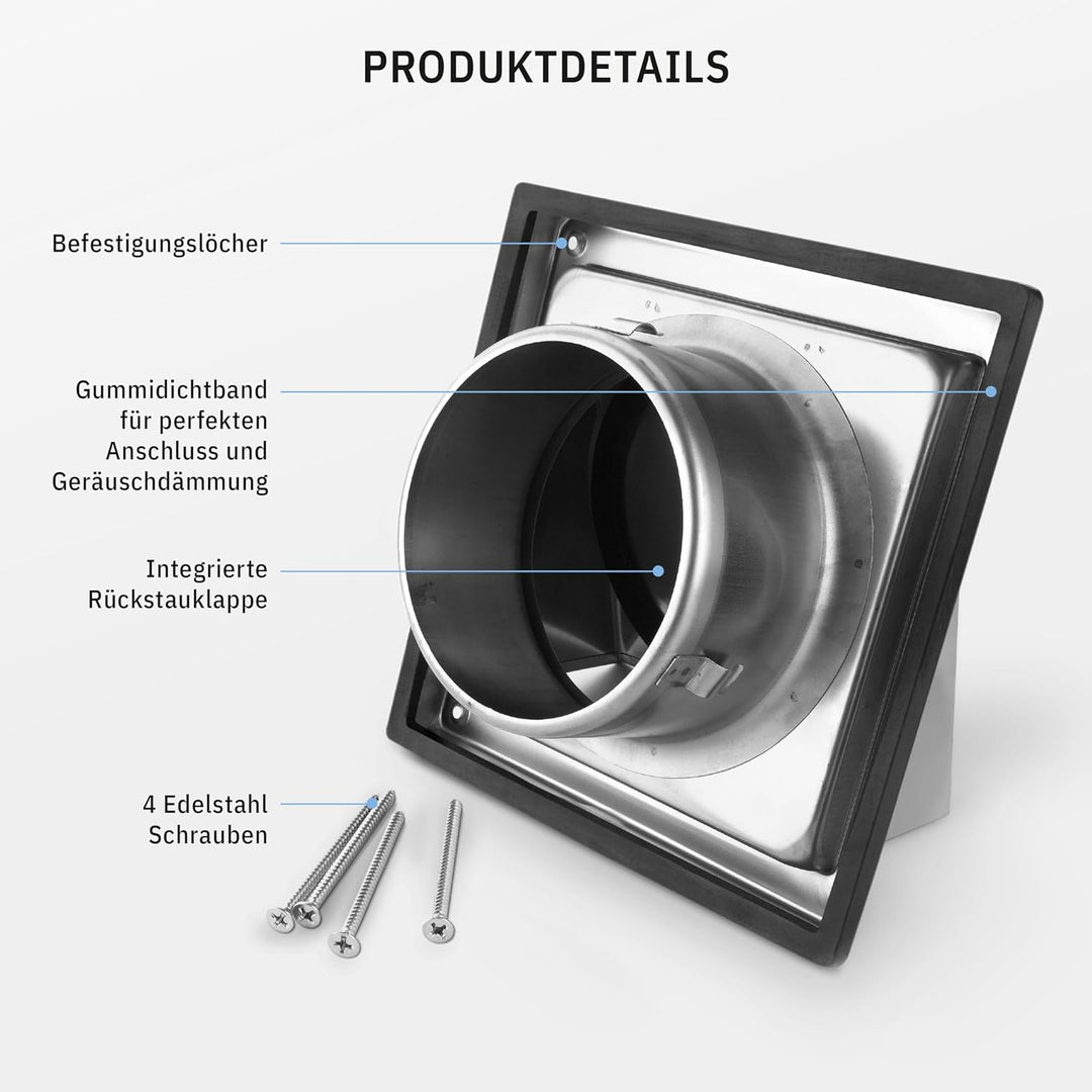 calimaero® HWG Edelstahl Lüftungsgitter 125mm, Abluftgitter, Integrierte Rückstauklappe, Sehr Witter