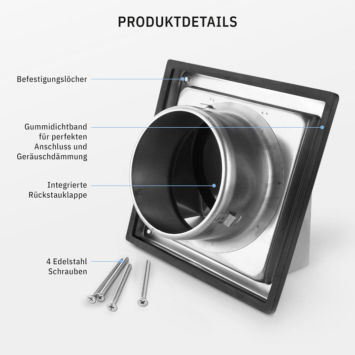 calimaero® HWG Edelstahl Lüftungsgitter 125mm, Abluftgitter, Integrierte Rückstauklappe, Sehr Witter