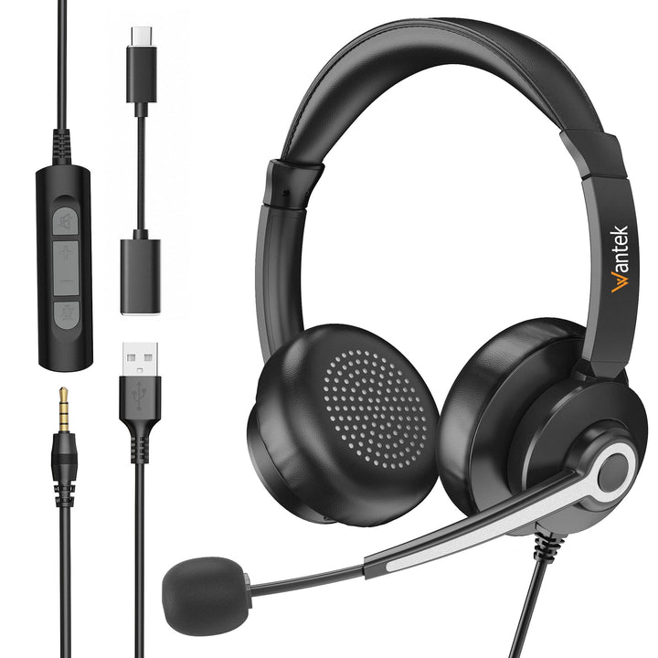 Wantek USB Headset mit Mikrofon für Laptop PC,Kabel-Kopfhörer USB-A/Typ-C/3,5 mm Klinke mit Lautstär
