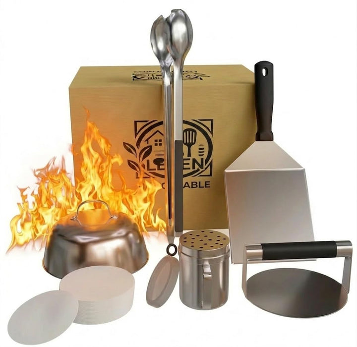 Smash Burgerpresse Edelstahl Set, Burgerpresse, Grillzange BBQ, Schmelzhaube Begiessdeckel, Burgerwe