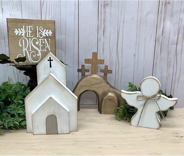 Ostern Auferstehungs Szenen Set Osterkrippe, Ostergrab Set aus Holz, Osterdeko Jesus Krippe Statuen