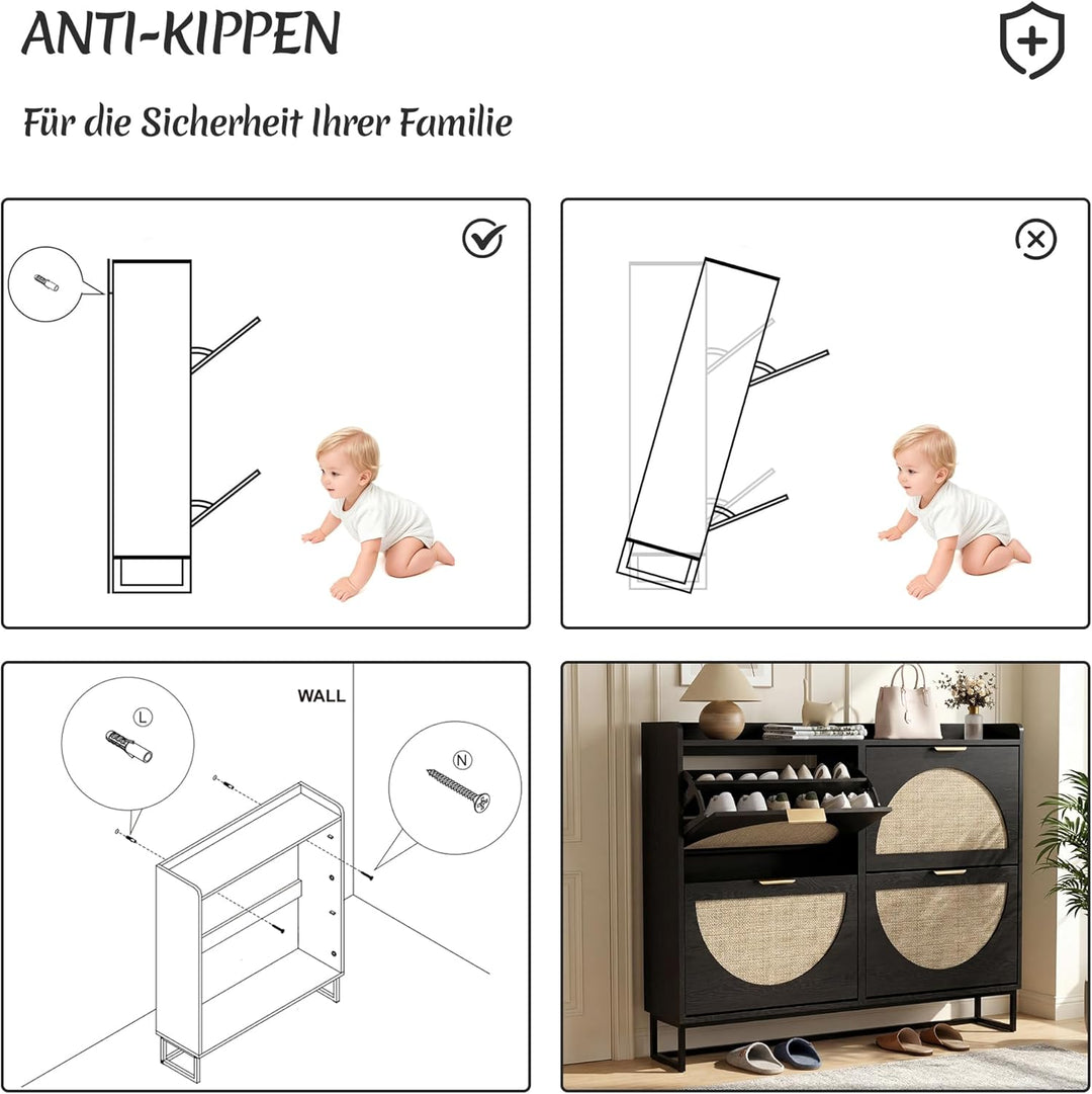 BonVache Schuhkommode mit 4 Klappfächern, Grosser Rattan Schuhschrank Schmal Holz, Schuhaufbewahrung