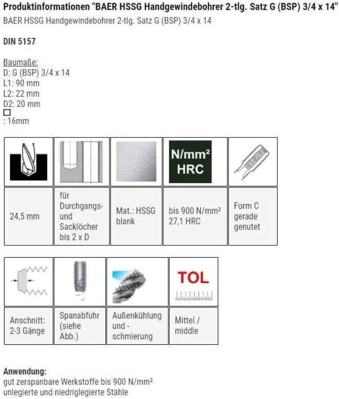 BAER HSSG Handgewindebohrer 2-tlg. Satz G (BSP) 3/4 x 14 - Handgewindebohrer-Satz | Rohrgewinde | Ge