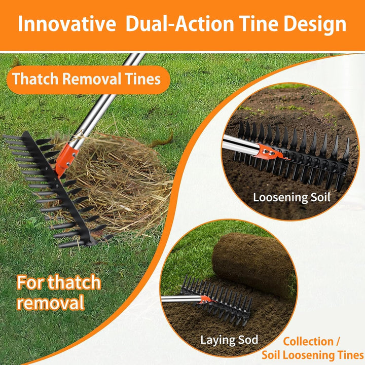 Rechen für Rasenflächen, 38,1 cm, mit verbesserten Dual-Action-Zinken, effizienter Gartenrechen mit