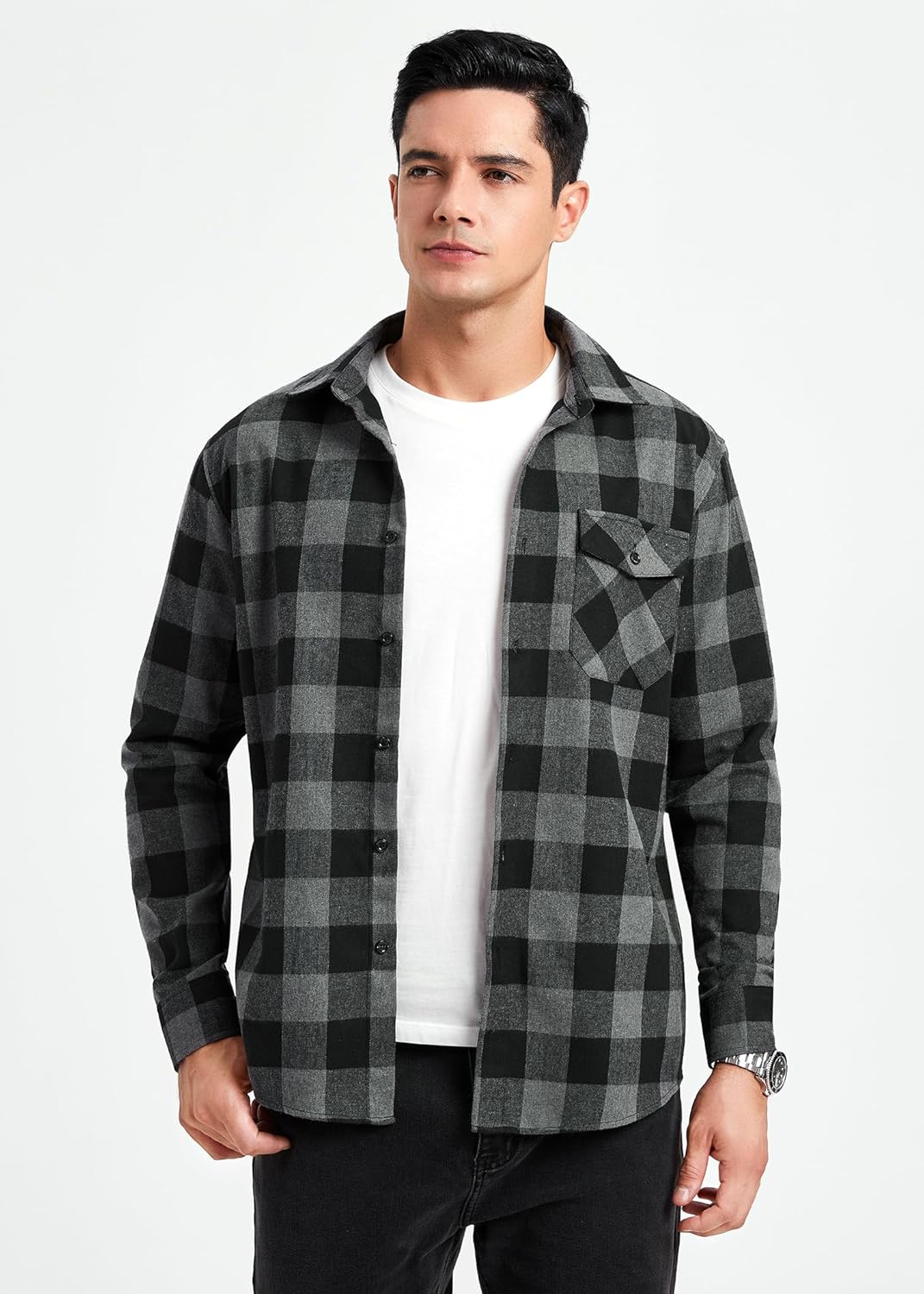 HISDERN Flanellhemd Herren Karierte Hemden Herren Langarm Button Down Baumwolle Holzfällerhemd Regul