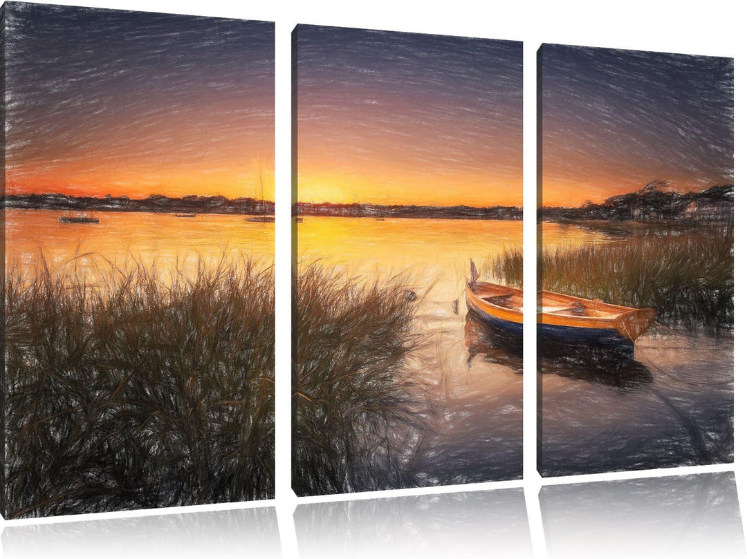 Pixxprint Segelschiffe an der Küste / 3-Teilig/Gesamtmass 120cm Leinwandbild bespannt auf Holzrahmen