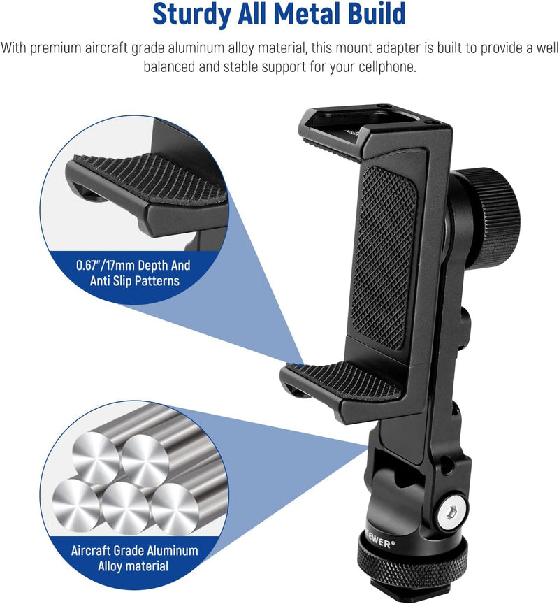 NEEWER Metall Handy Stativhalterung Adapter mit 4 Cold Shoes und drei 1/4" Schraubenlöchern, 360° ho