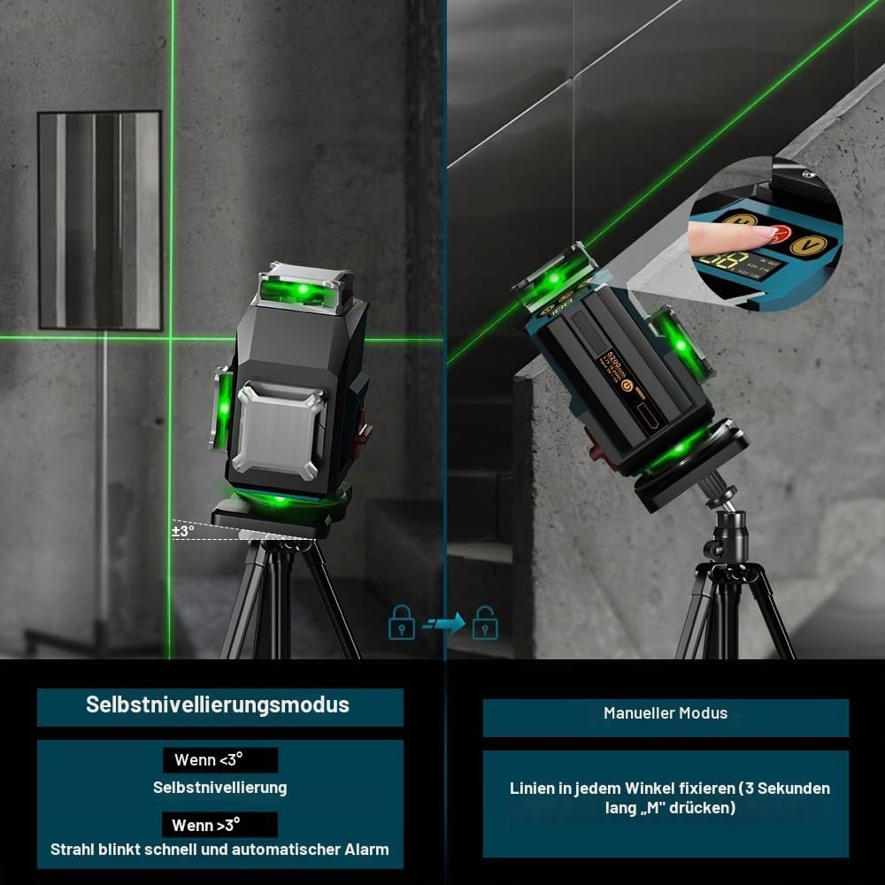 Kreuzlinienlaser Grün mit Stativ, FUGUIB 4D Laser Nivelliergerät mit 16 Linien, 2 Leistungsstarker 5