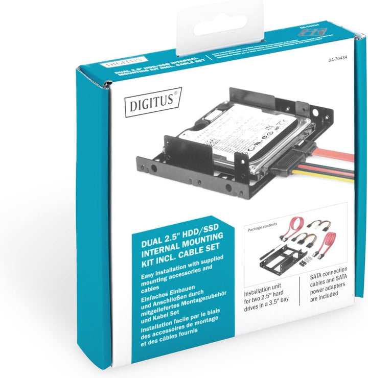 DIGITUS Montagekit: Dual SSD/HDD 2.5 -> 3.5 Bay inkl. Einbaurahmen Metal, Schrauben, Kabelset, DA-70