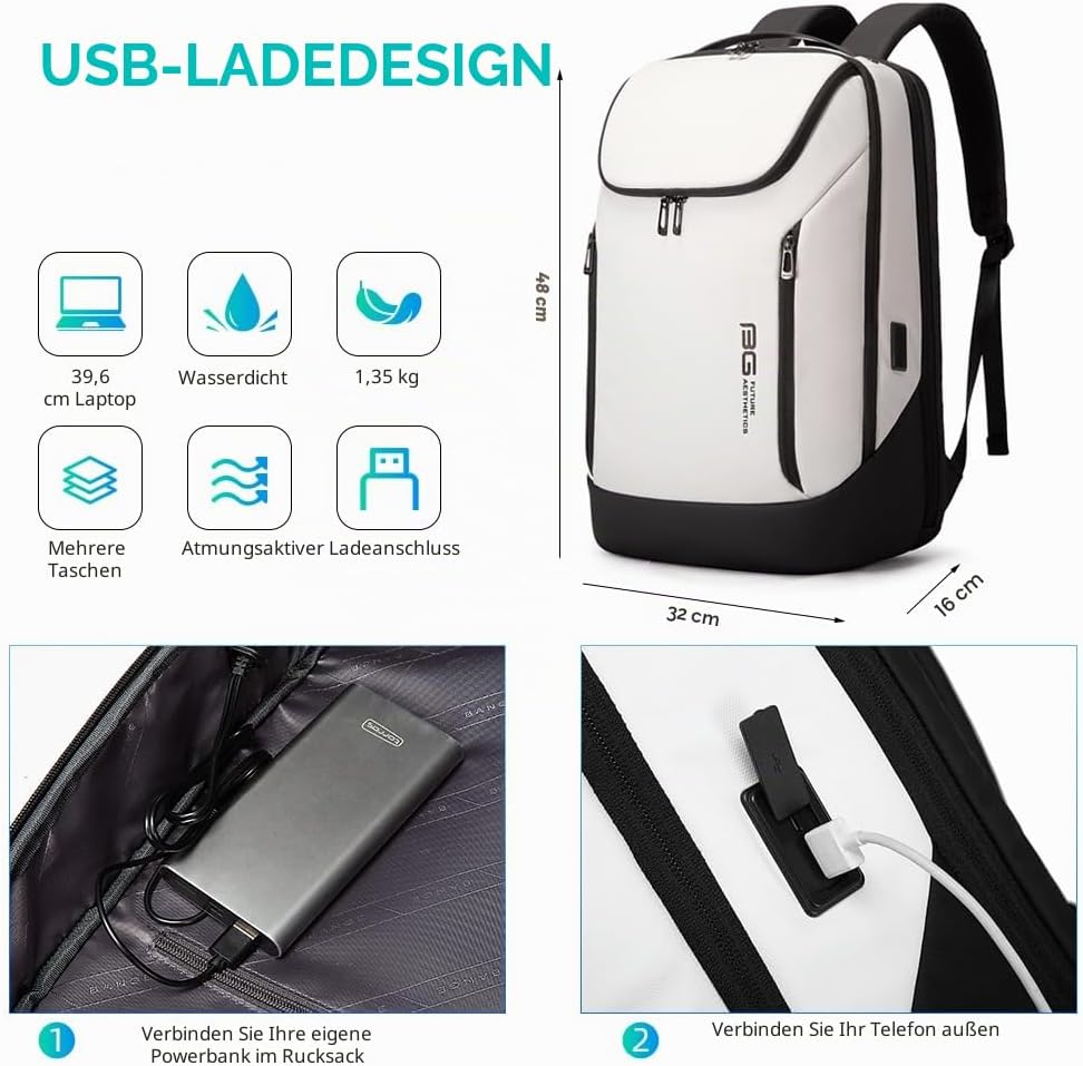 BANGE Business-Smart-Rucksack, wasserdicht, 39,6 cm (15,6 Zoll), Laptop-Rucksack mit USB-Ladeanschlu
