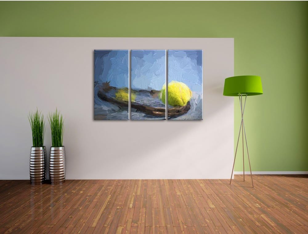 Pixxprint Tennischläger mit Bällen als Leinwandbild/Grösse: 3 Teilig (120x80) cm/Wandbild/Kunstdruck