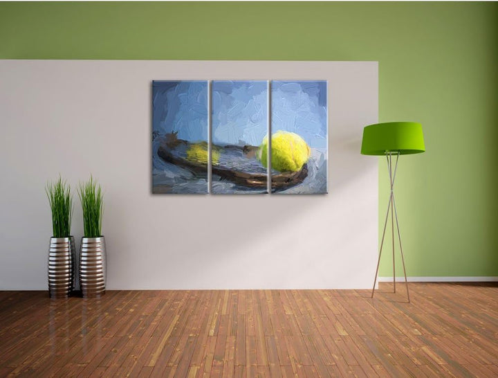 Pixxprint Tennischläger mit Bällen als Leinwandbild/Grösse: 3 Teilig (120x80) cm/Wandbild/Kunstdruck