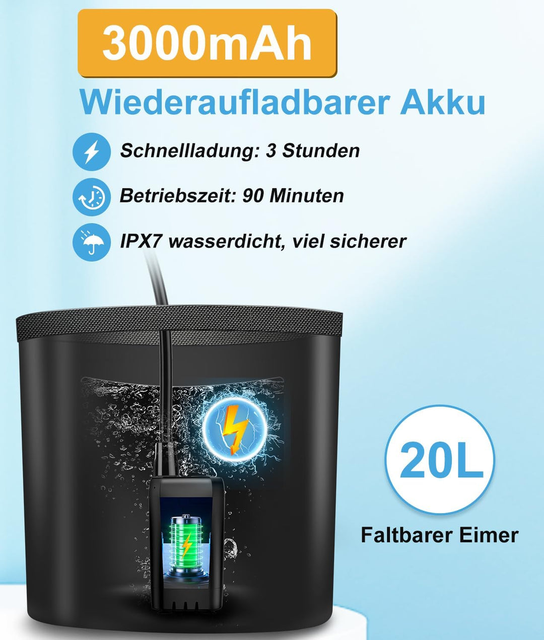 WADEO Tragbare Campingdusche Akku mit Pumpe und Eimer, Camping Dusche Outdoor mit wiederaufladbarem