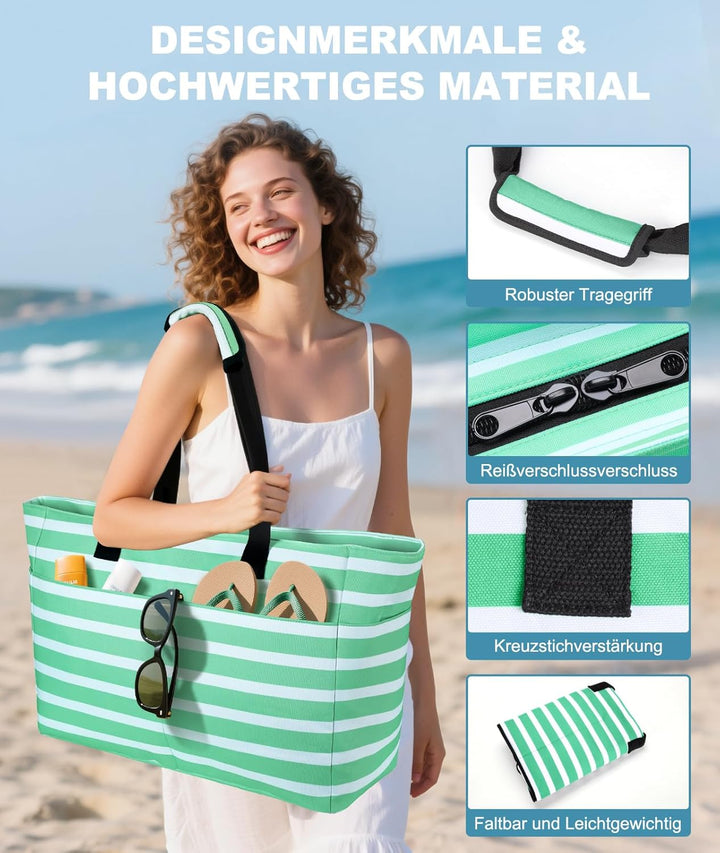 ISEYOU Strandtasche XXL Familie, Gross Strandtasche mit Reissverschluss Wasserdicht Sanddicht, Handt