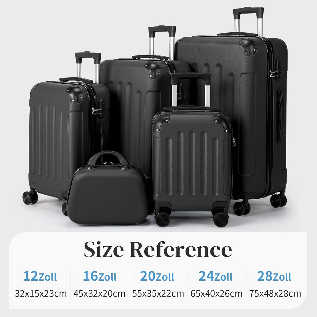 LEADZM Koffer Set 5 teilig Hartschale mit Kosmetikkoffer (Schwarz) | Kofferset mit verstärkten Ecken