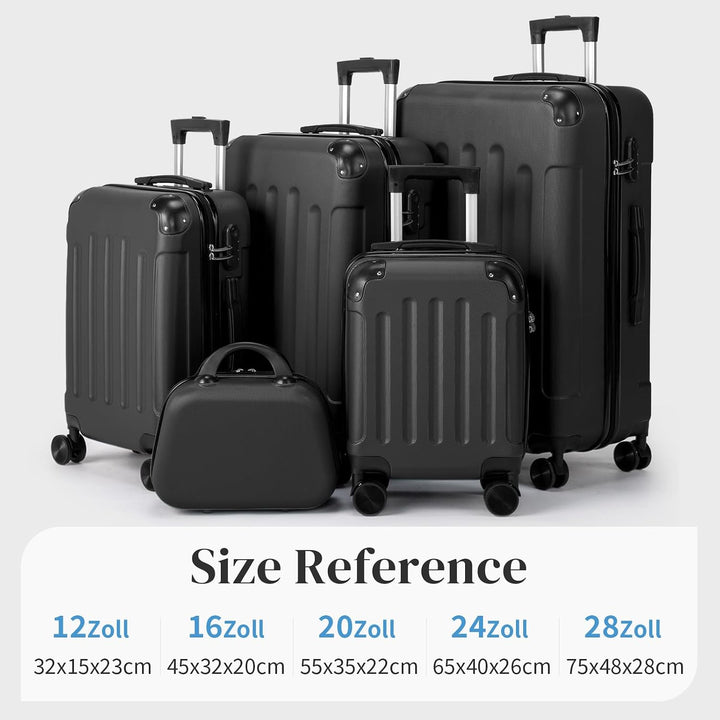 LEADZM Koffer Set 5 teilig Hartschale mit Kosmetikkoffer (Schwarz) | Kofferset mit verstärkten Ecken