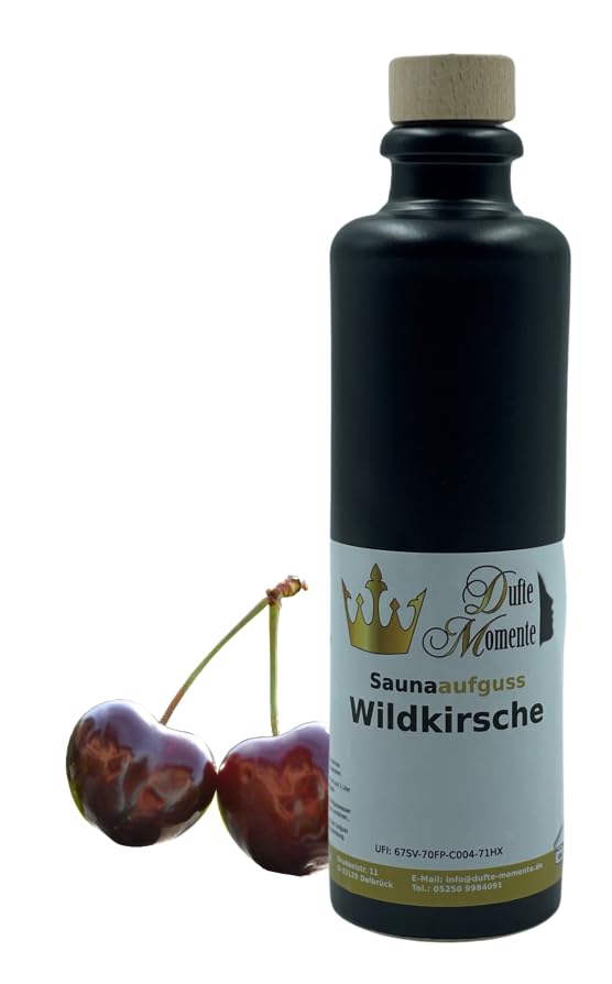 Dufte Momente | Saunaduft Wildkirsche 200ml in schwarzer Steinzeugflasche mit Korkmündung | vegan, o