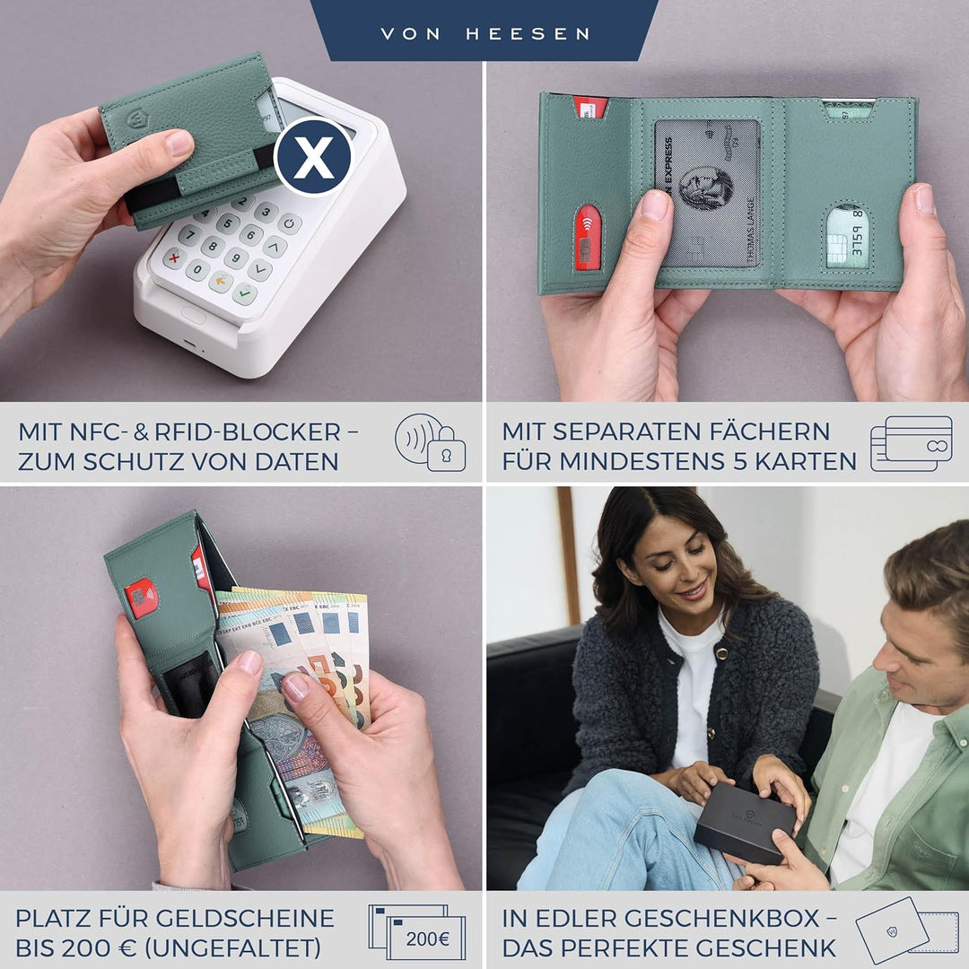 VON HEESEN Slim Wallet mit XL Münzfach &amp; RFID-Schutz - Leder Geldbeutel - Mini Geldbörse für Herren