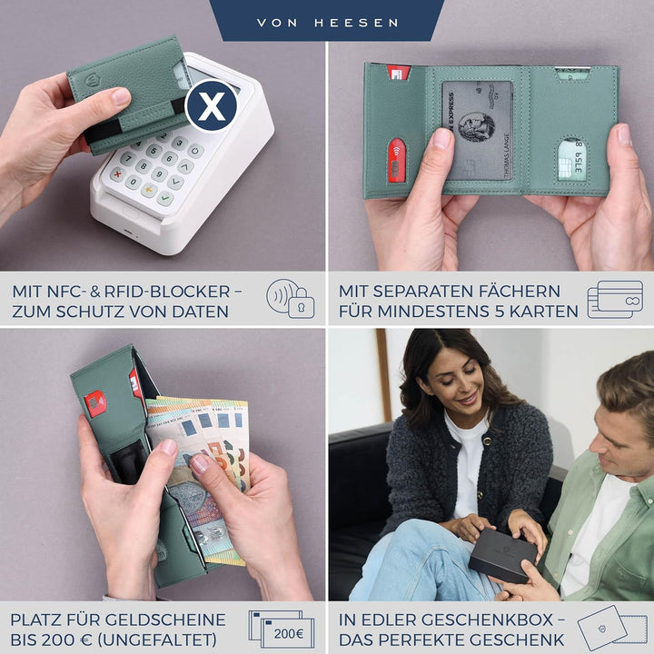 VON HEESEN Slim Wallet mit XL Münzfach &amp; RFID-Schutz - Leder Geldbeutel - Mini Geldbörse für Herren
