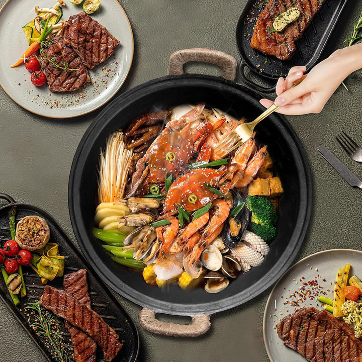 WANGYUANJI Gusseisenpfanne 36 cm – Grosse Grillpfanne mit zwei Griffen, Für Gas-, Elektro- & Indukti