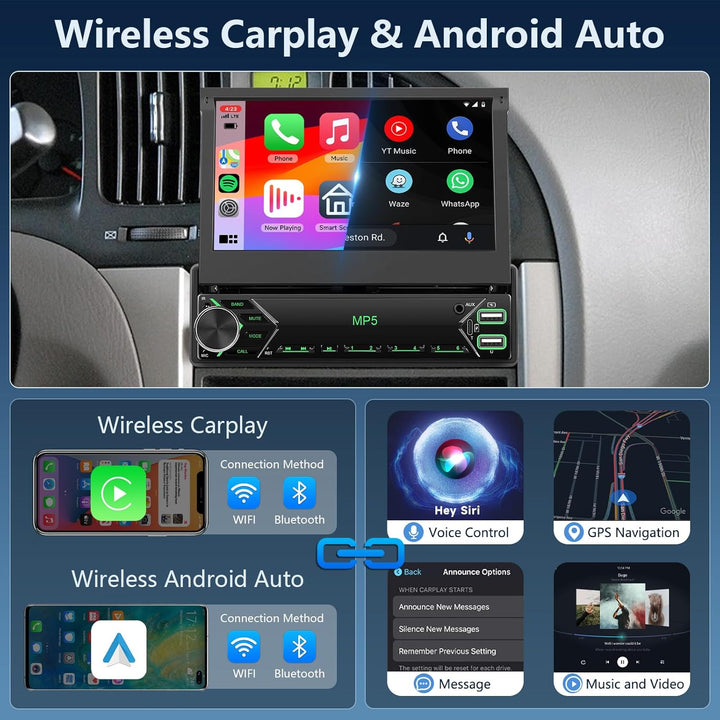 DAB+/DAB Autoradio 1 Din mit Wireless Carplay Android Auto 7 Zoll Automatisch Einziehbarer Bildschir