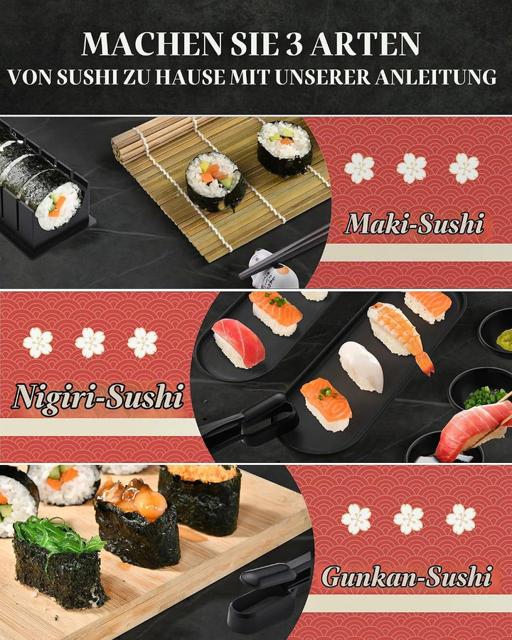 Sushi Maker Set, Sushi Set für Anfänger, Komplett Kit zum Selber Machen mit Sushi Bazooka, Bambus Ro
