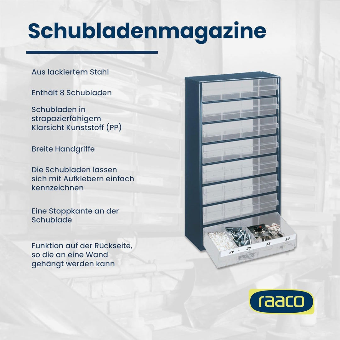 raaco Kleinteilemagazin C12-8 mit 8 Schubladen, Tragkraft 29.7 kg, 15 x 30.6 x 55.2 cm, geeignet für