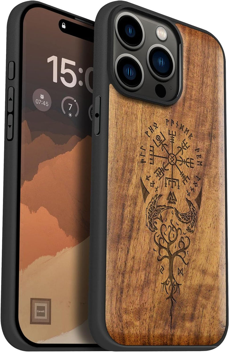 Carveit Holz Cover für iPhone 15 Pro Max hülle, Kompatibel mit Magsafe Silikon Stossfeste Cover, Mag