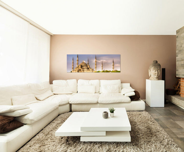 Paul Sinus Art Panoramabild auf Leinwand und Keilrahmen 150x50cm Blaue Moschee Bäume Wolkenhimmel