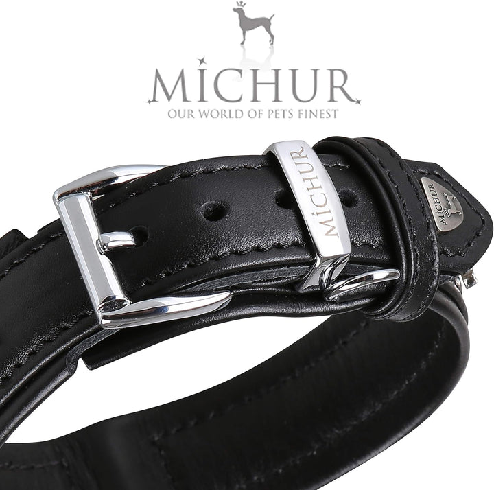 MICHUR EL Pavo Hundehalsband Leder, Lederhalsband Hund, Halsband, Schwarz, Leder, mit Lilien, Strass