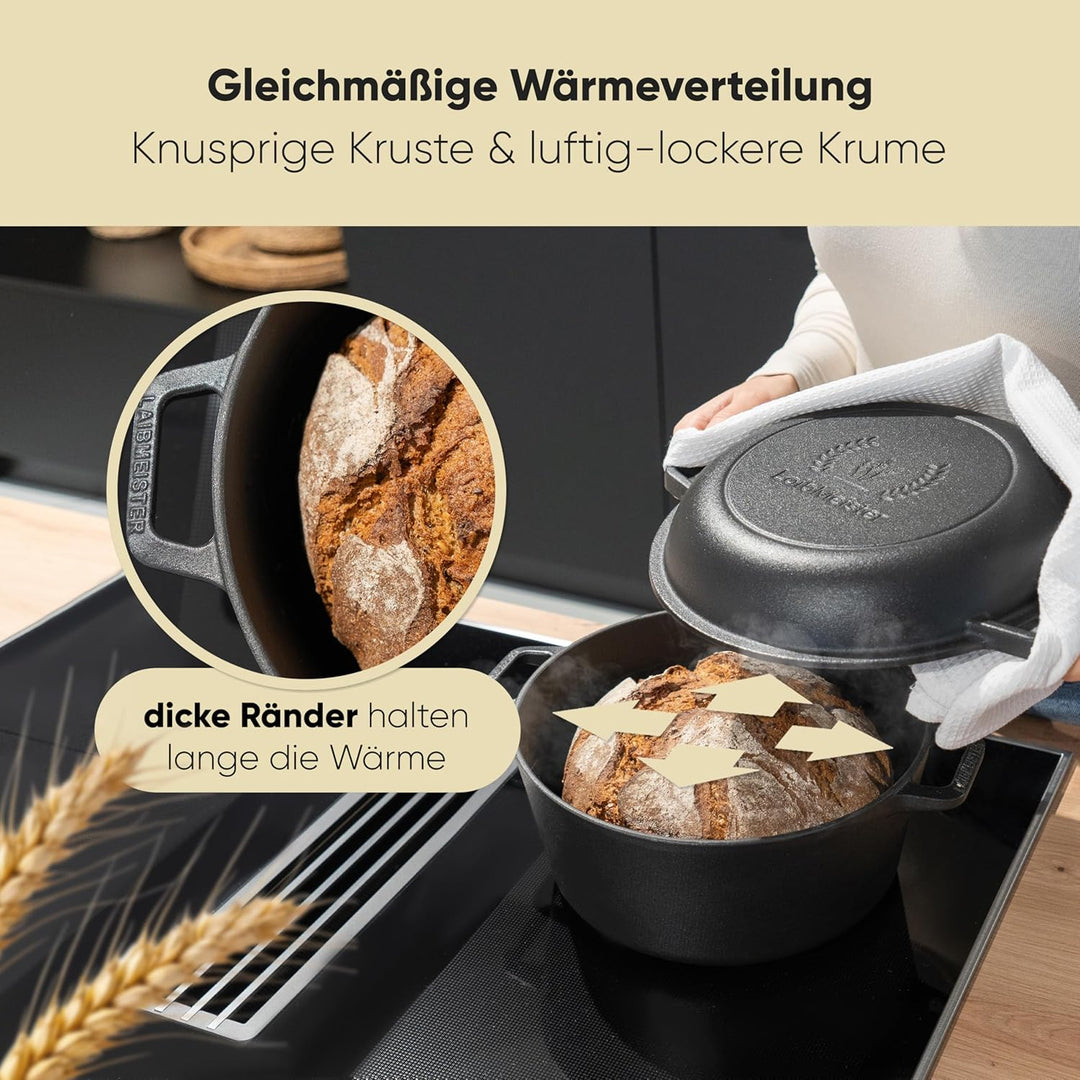 LaibMeister - Brotbacktopf aus Gusseisen mit Deckel. Einsetzbar als Bräter, Dutch Oven, Topf, Grillp