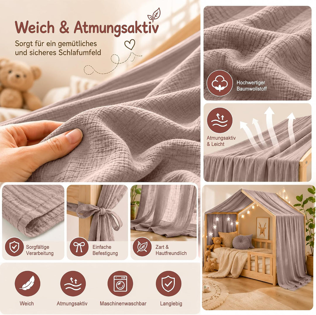 Hook Hausbett Himmel Deko Set, Betthimmel Hausbett aus Musselin - 1 Betthimmel &amp; 1 Wimpelkette, für