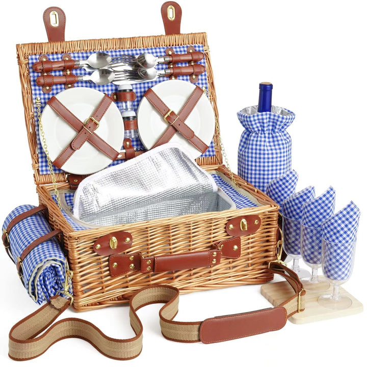 Wicker Picknickkorb Set für 2-4 Person mit Kühlfach und wasserdichte Picknickdecke, Abnehmbarer Riem