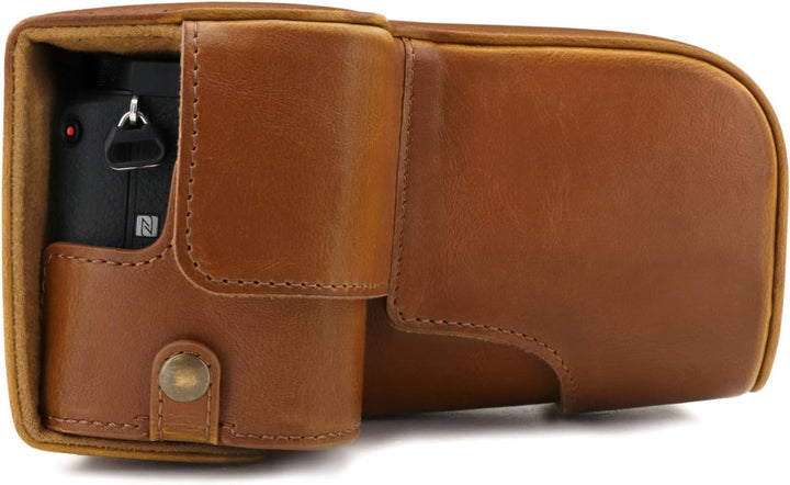 MegaGear MG1806 Ever Ready Kameratasche aus Leder, kompatibel mit Sony Alpha A6600 (18-135 mm), Hell