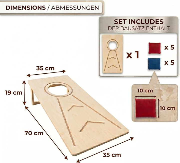 Cornhole Wurfset für Outdoor &amp; Indoor – Bean Bag Toss Set mit 1 Holzbrett und 10 Wurfsäckchen, kompa
