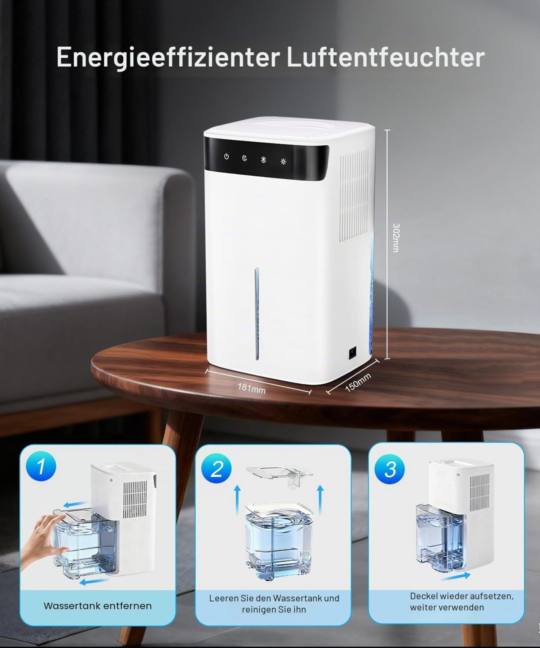 Mini Luftentfeuchter Elektrisch 2600ML für Kleine Räume, Entfeuchter mit Geräuschreduziertem Nachtmo