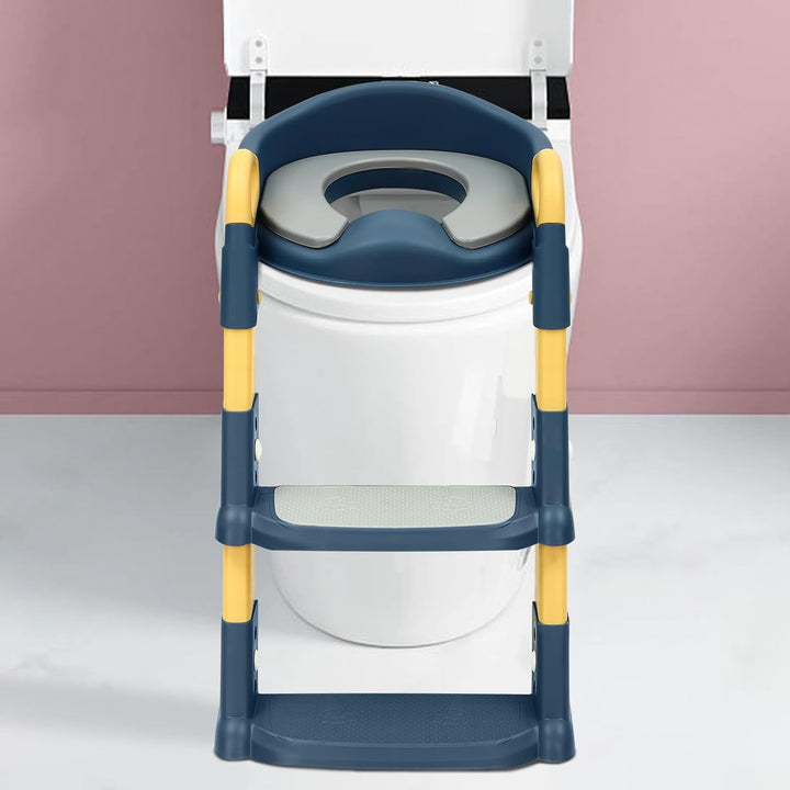 Kinder Toilettensitz mit Treppe abnehmbares PU-Kissen, höhenverstellbar 2–7 Jahre, klappbarer WC Sit
