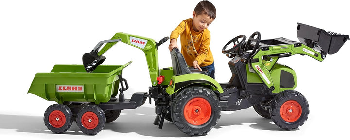 Falk – 1010W – Fahrrad und Fahrzeug für Kinder – Traktor Claas Axos + Schaufel + Bagger + Anhänger M
