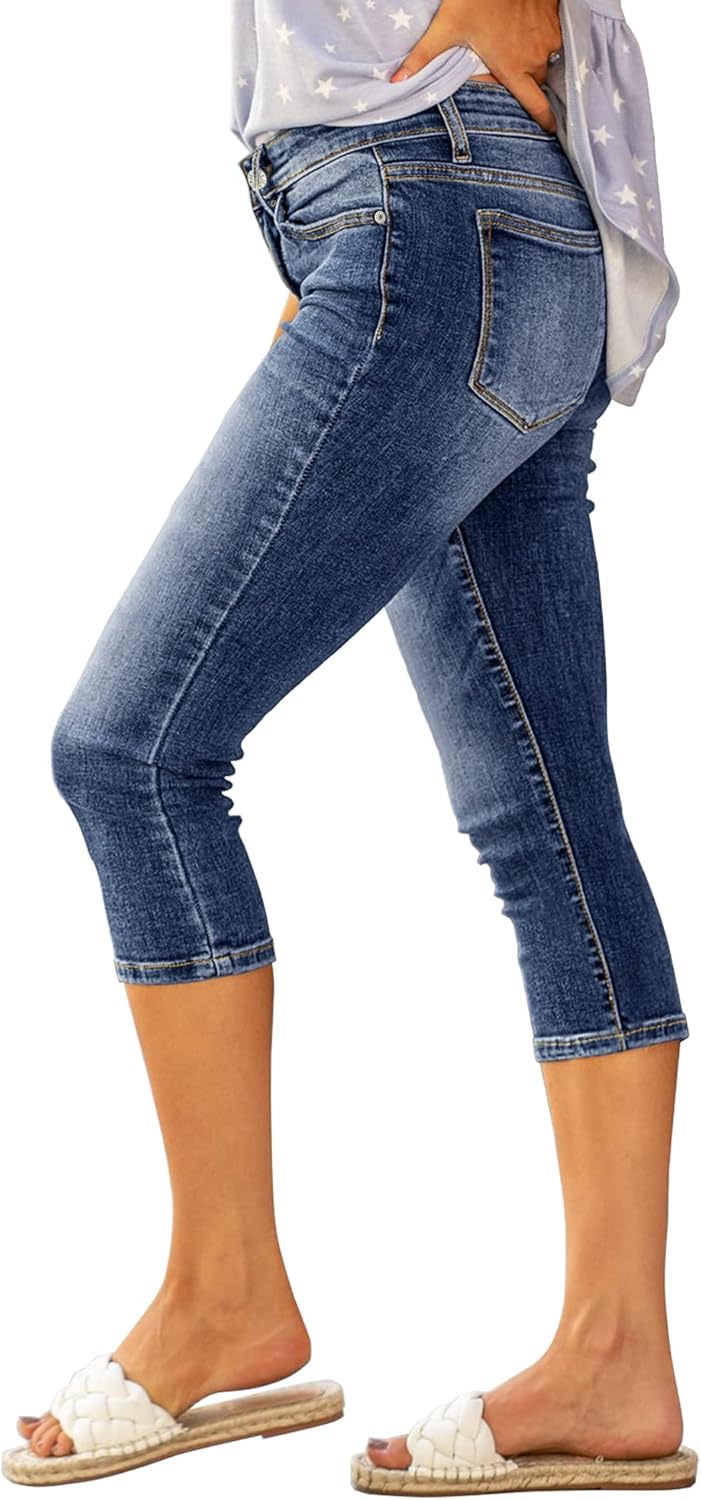 Roskiky Damen Capri Jeans für Frauen hohe Taille Skinny Ripped Jean Denim Hosen