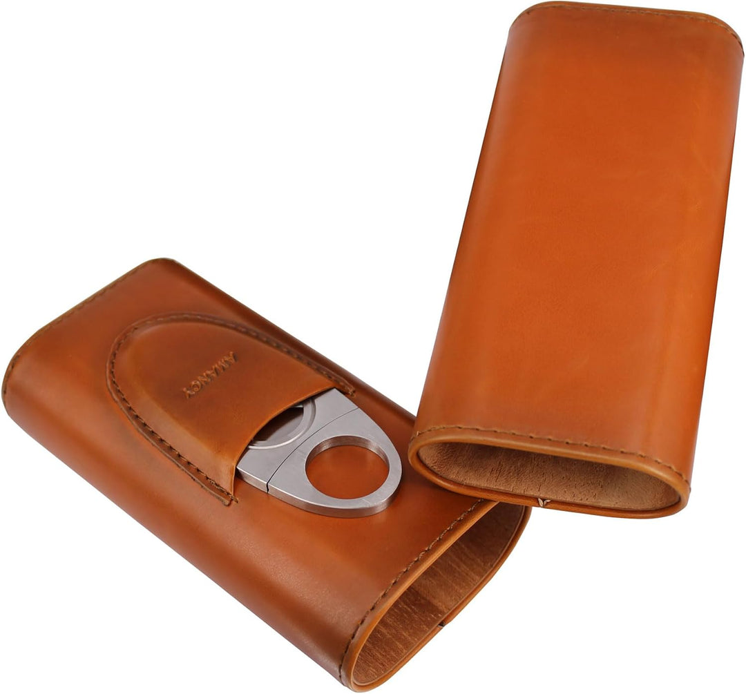 AMANCY Zigarrenetui, für 3 Finger, Leder, mit Zedernholz, mit silberfarbenem Edelstahlschneider, Bra