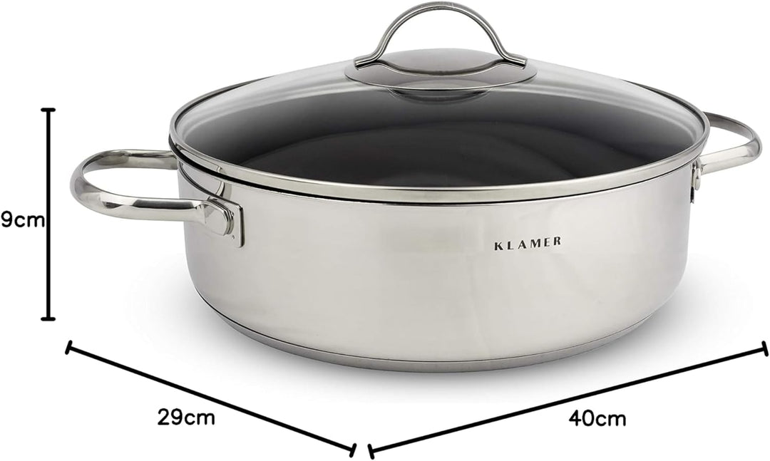 KLAMER Servierpfanne mit Deckel 28cm Induktion, Edelstahl Schmortopf backofengeeignet, Schmorpfanne