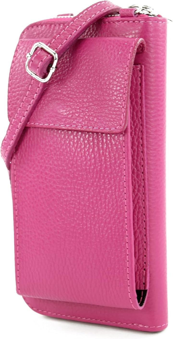 modamoda de - P06 - ital. Damen Umhängetasche Geldbörse Handytasche Leder Rosa, Rosa