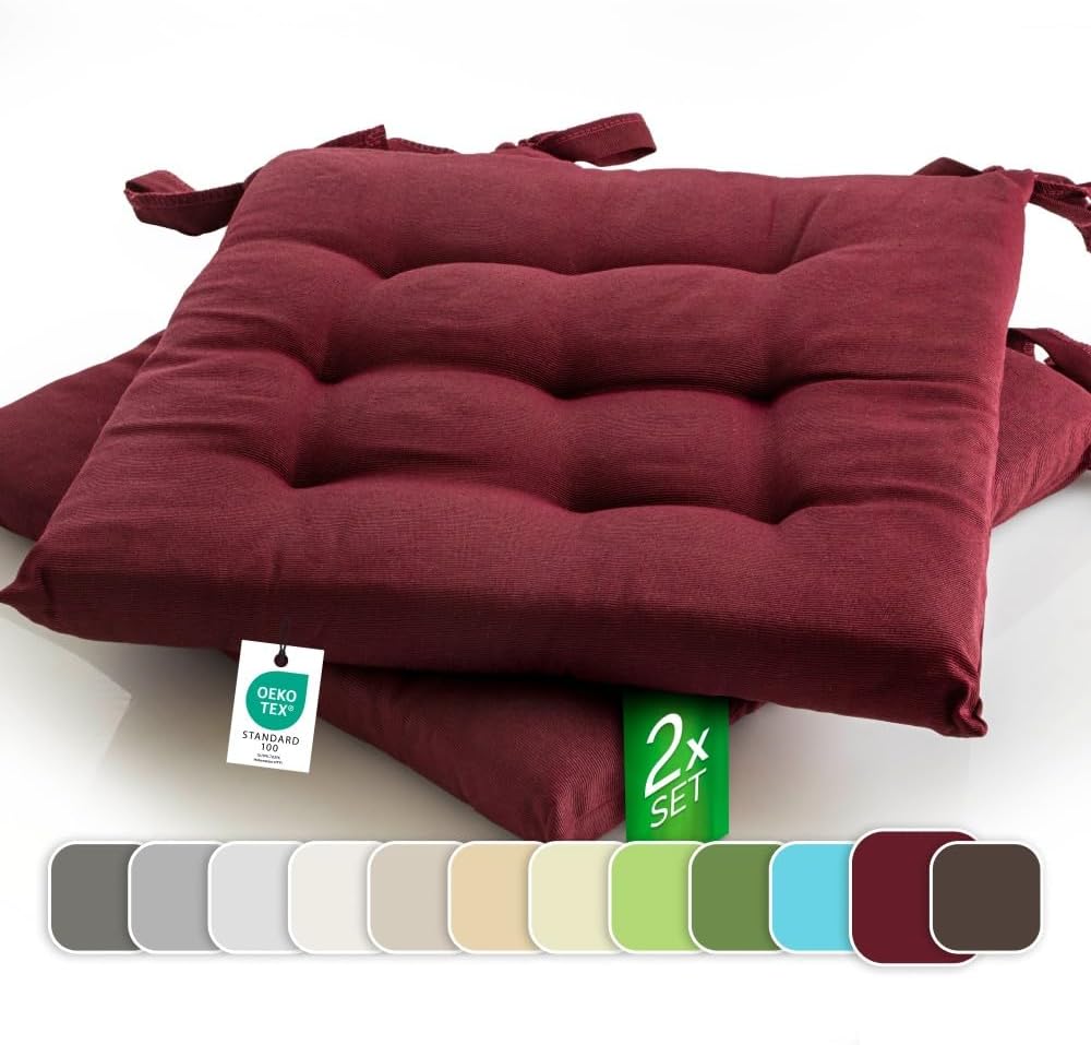 etérea 2er Set Sitzkissen Outdoor 40x40 mit Bändern - Stuhlkissen Bordeaux für Gartenstuhl & Innenbe